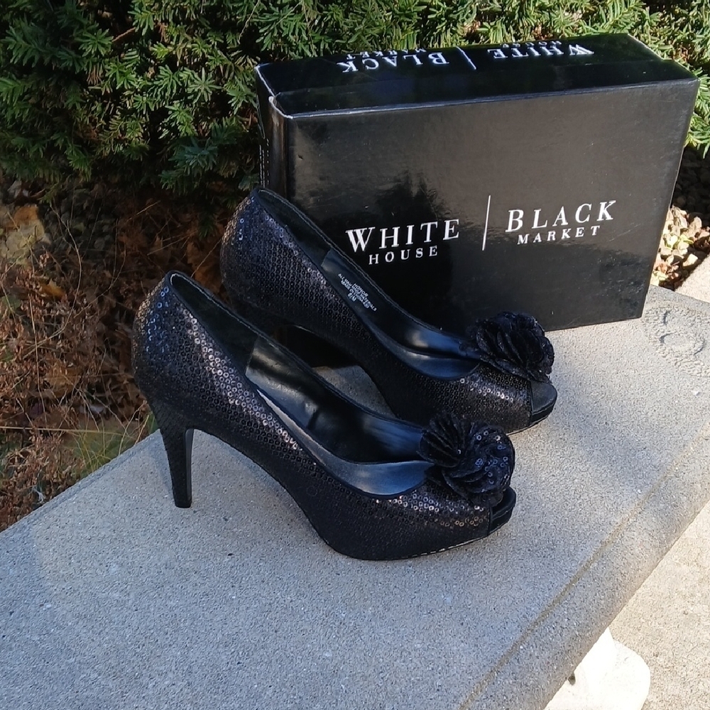 White House Black Market Black Sequin Women's Heels Sz 8.5